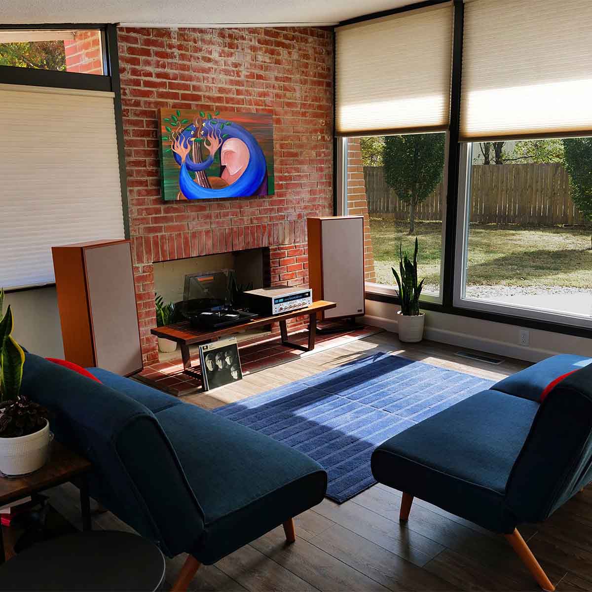 KLH Model Seven Loudspeakers - mahogany pair with grilles - lifestyle image