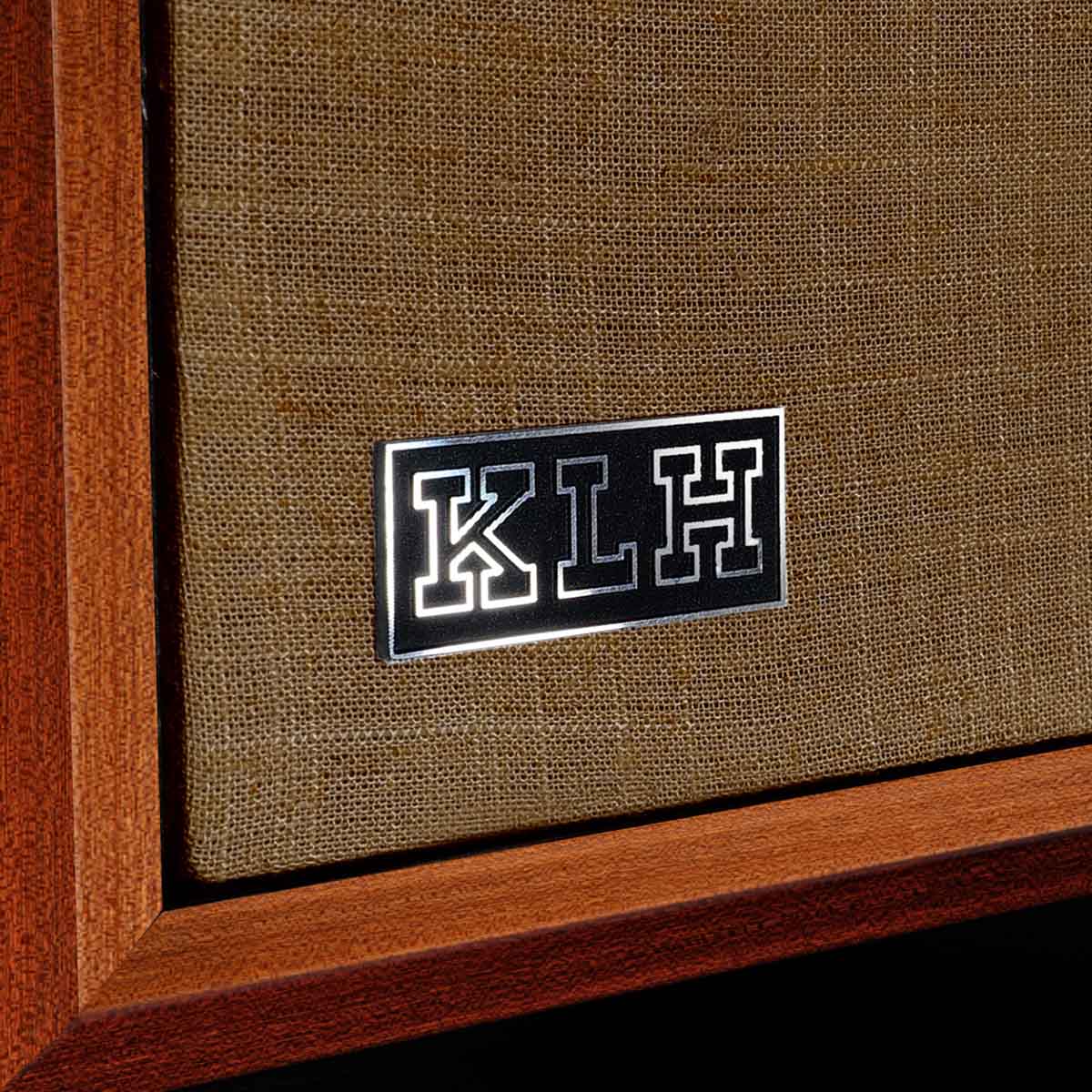 KLH Model Three Acoustic Suspension Loudspeakers - closeup of KLH logo on mahogany speaker