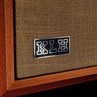 KLH Model Three Acoustic Suspension Loudspeakers - closeup of KLH logo on mahogany speaker