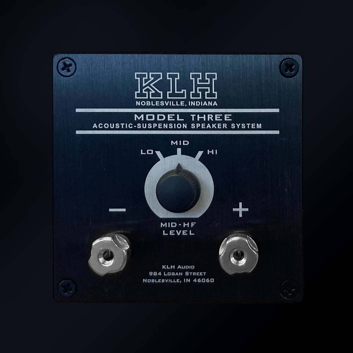 KLH Model Three Acoustic Suspension Loudspeakers - closeup of rear input panel on black speaker