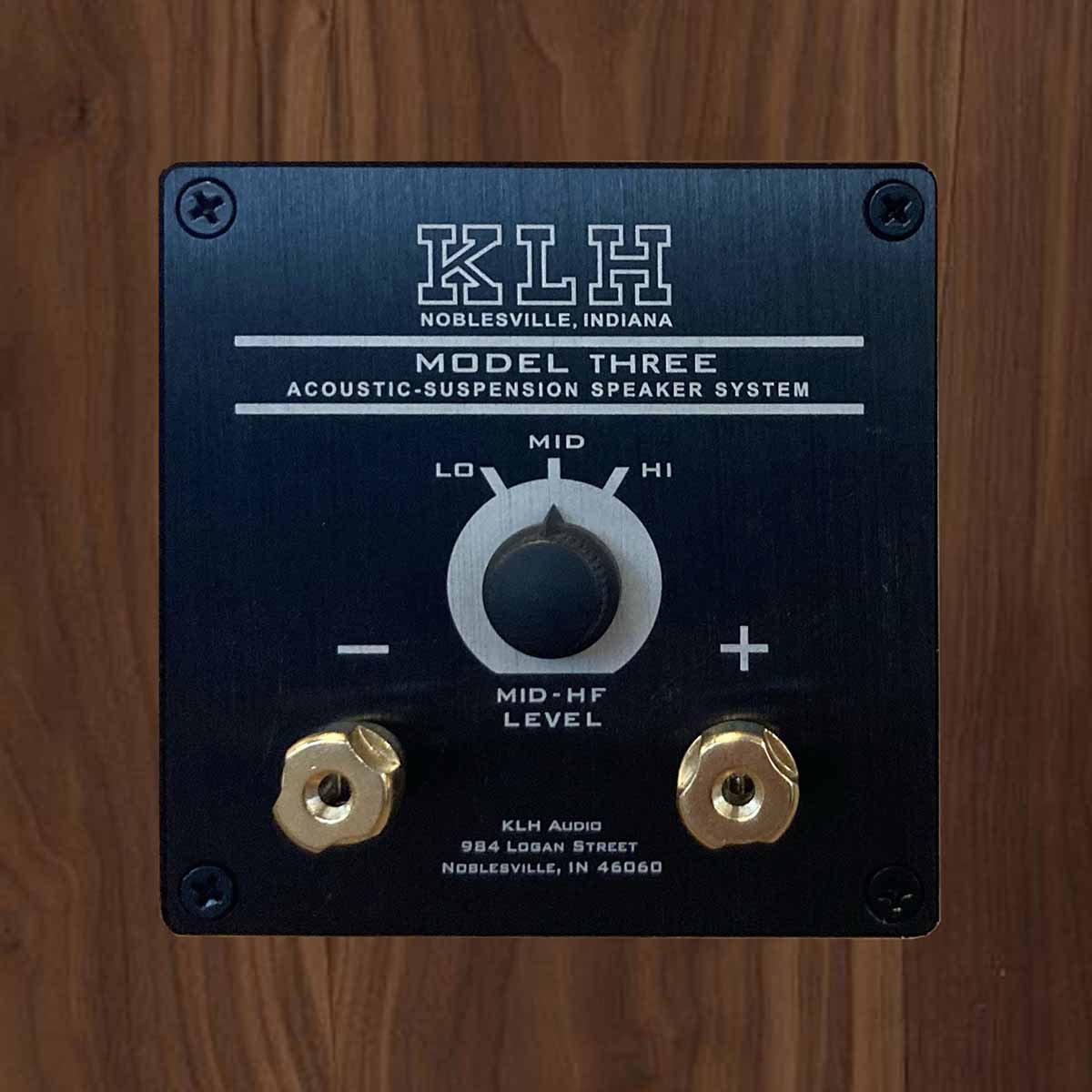 KLH Model Three Acoustic Suspension Loudspeakers - closeup of rear input panel on walnut speaker