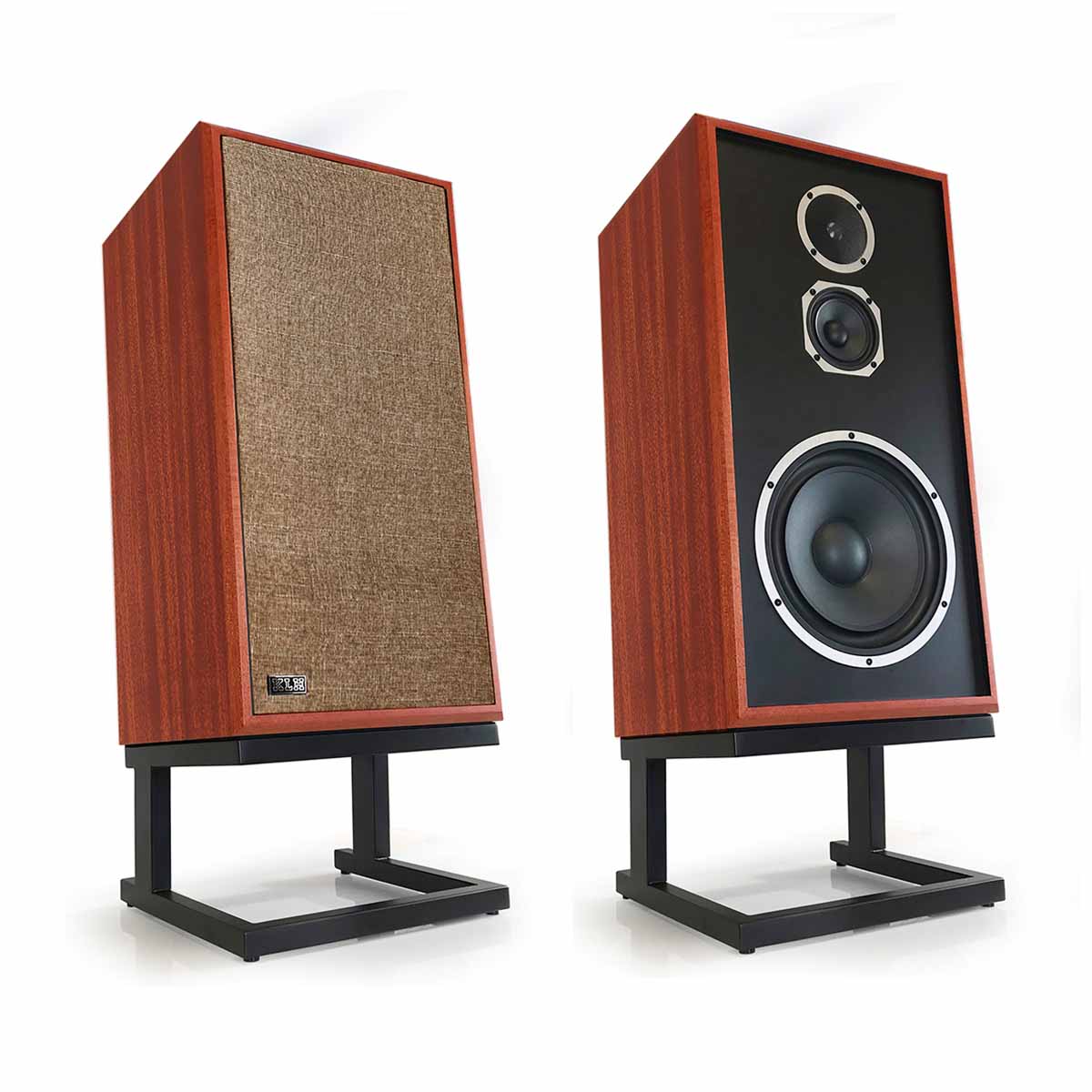 KLH Model Five Acoustic Suspension Loudspeakers - pair of mahogany speakers angled right, left speaker with grille, right speaker without grille