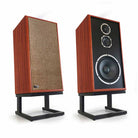 KLH Model Five Acoustic Suspension Loudspeakers - pair of mahogany speakers angled right, left speaker with grille, right speaker without grille