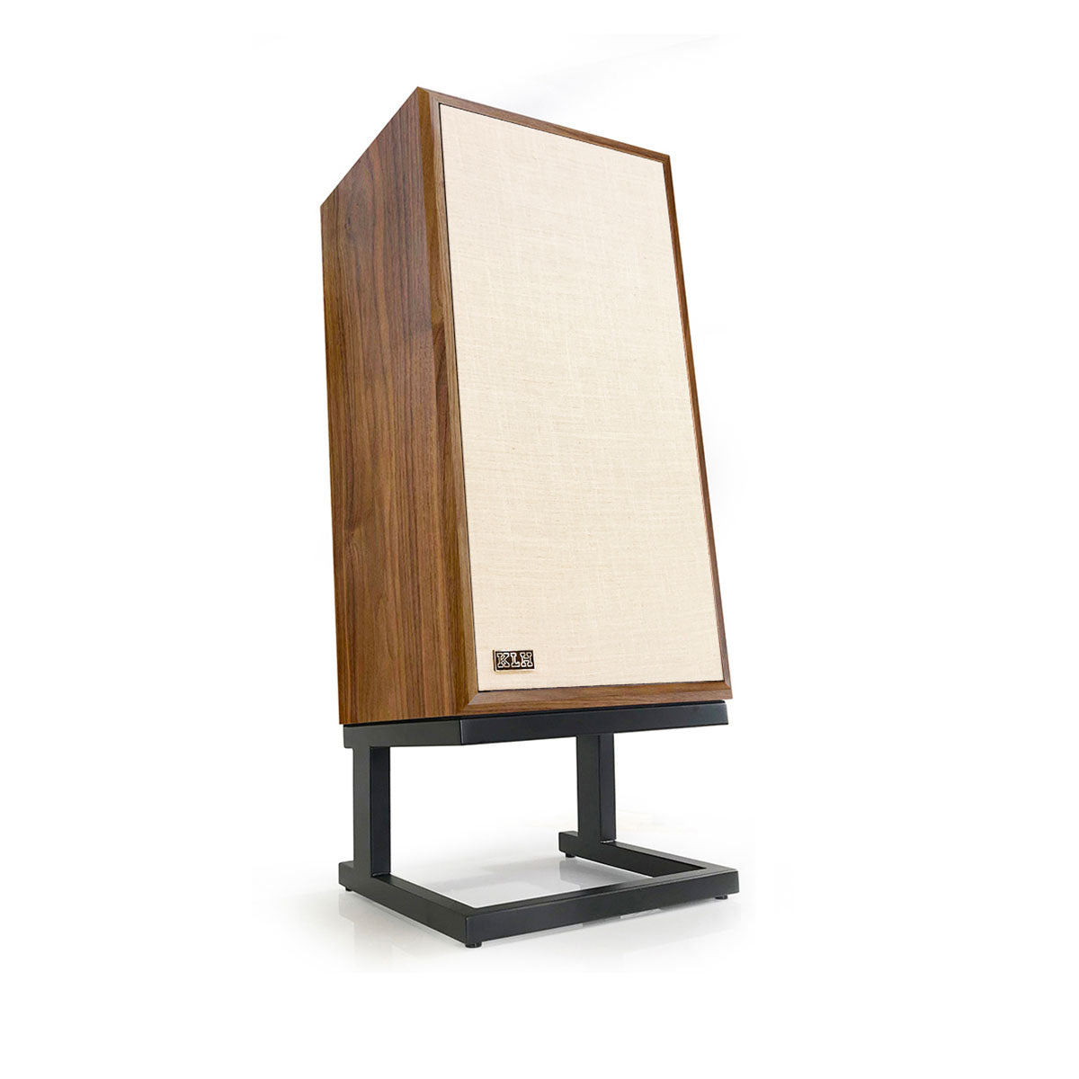 KLH Model Five Acoustic Suspension Loudspeakers - single walnut speaker angled right with grille