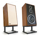 KLH Model Five Acoustic Suspension Loudspeakers - pair of walnut speakers angled right, left speaker with grille, right speaker without grille