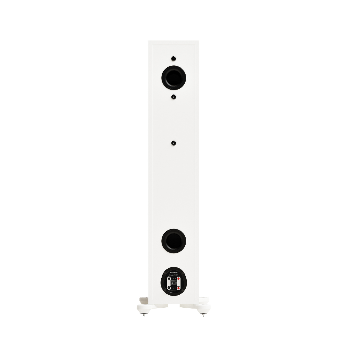 A tall, white Monitor Audio Bronze 300 7G Flagship Two and a Half-way Floor Standing Speaker with two black drivers and a circular control panel near the bottom, shown against a solid white background.