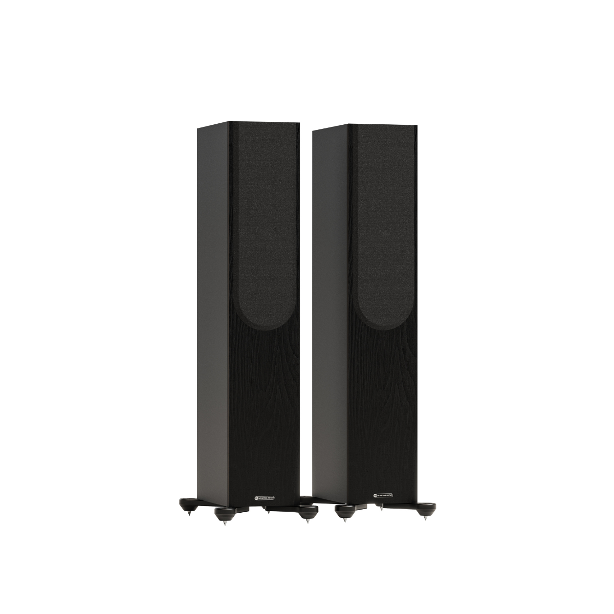 Pair of black Monitor Audio Bronze 300 7G Flagship Two and a Half-way Floor Standing Speaker on a white background