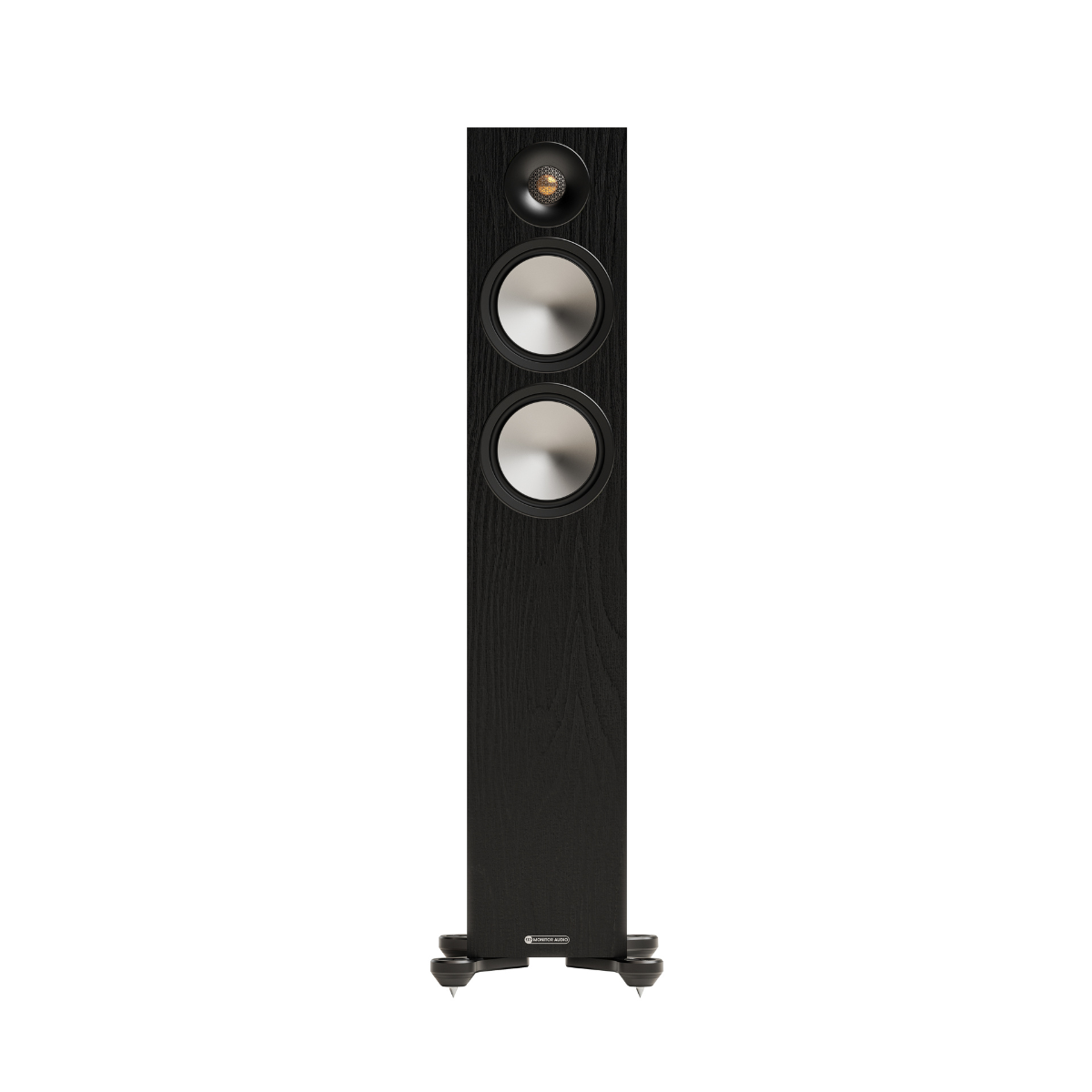 A tall  Monitor Audio Bronze 300 7G Flagship Two and a Half-way Floor Standing Speaker with a black wood-grain finish, featuring three driver cones (one small top tweeter, one mid-range, and one larger woofer) on a white background.