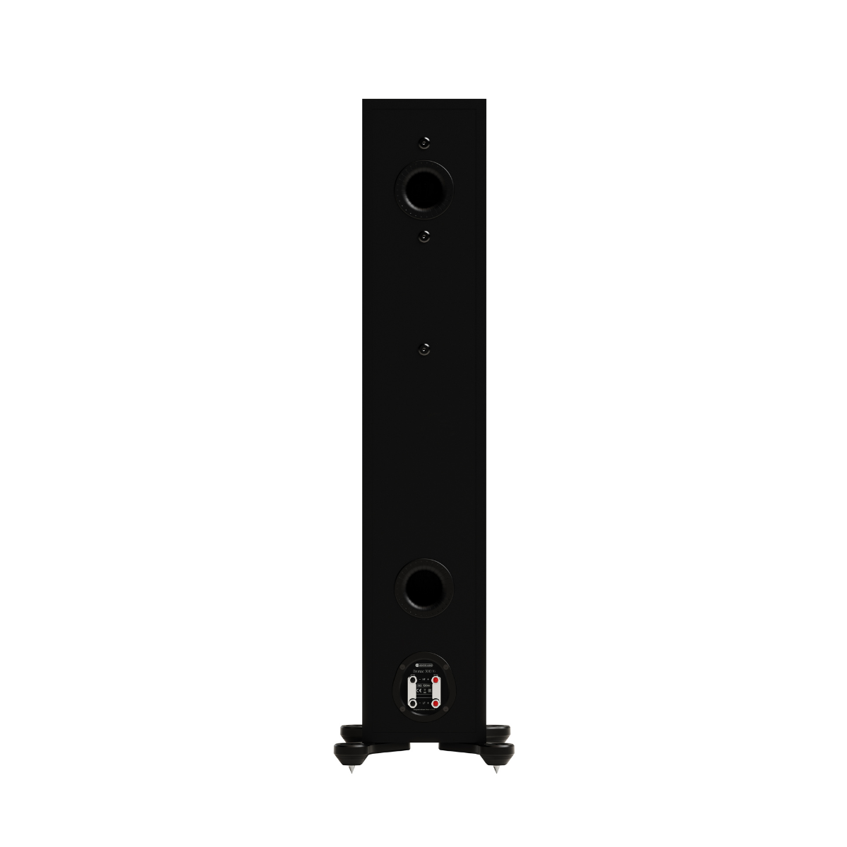 A black Monitor Audio Bronze 300 7G Flagship Two and a Half-way Floor Standing Speaker shown from the rear, featuring dual circular driver openings and audio input jacks at the base, set against a plain white background.