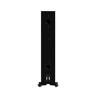 A black Monitor Audio Bronze 300 7G Flagship Two and a Half-way Floor Standing Speaker shown from the rear, featuring dual circular driver openings and audio input jacks at the base, set against a plain white background.
