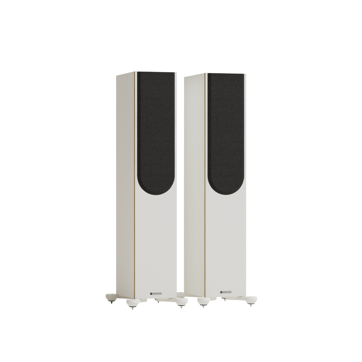 A pair of floorstanding speakers with tall white cabinets, black front baffle panels, and small white feet, shown against a plain white background.