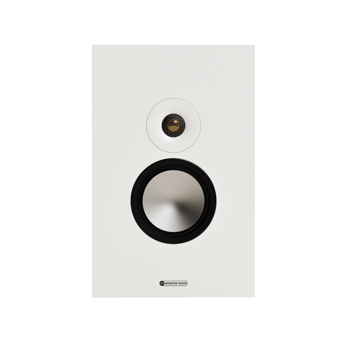 White Monitor Audio Bronze On-Wall 7G Slim, Two-way On-Wall Speaker with black center on a white background