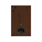 The rear view of a wall-mounted speaker cabinet featuring a dark brown wood grain finish, with mounting holes, a power input terminal, and a brand label that reads 'Monitor Audio'.