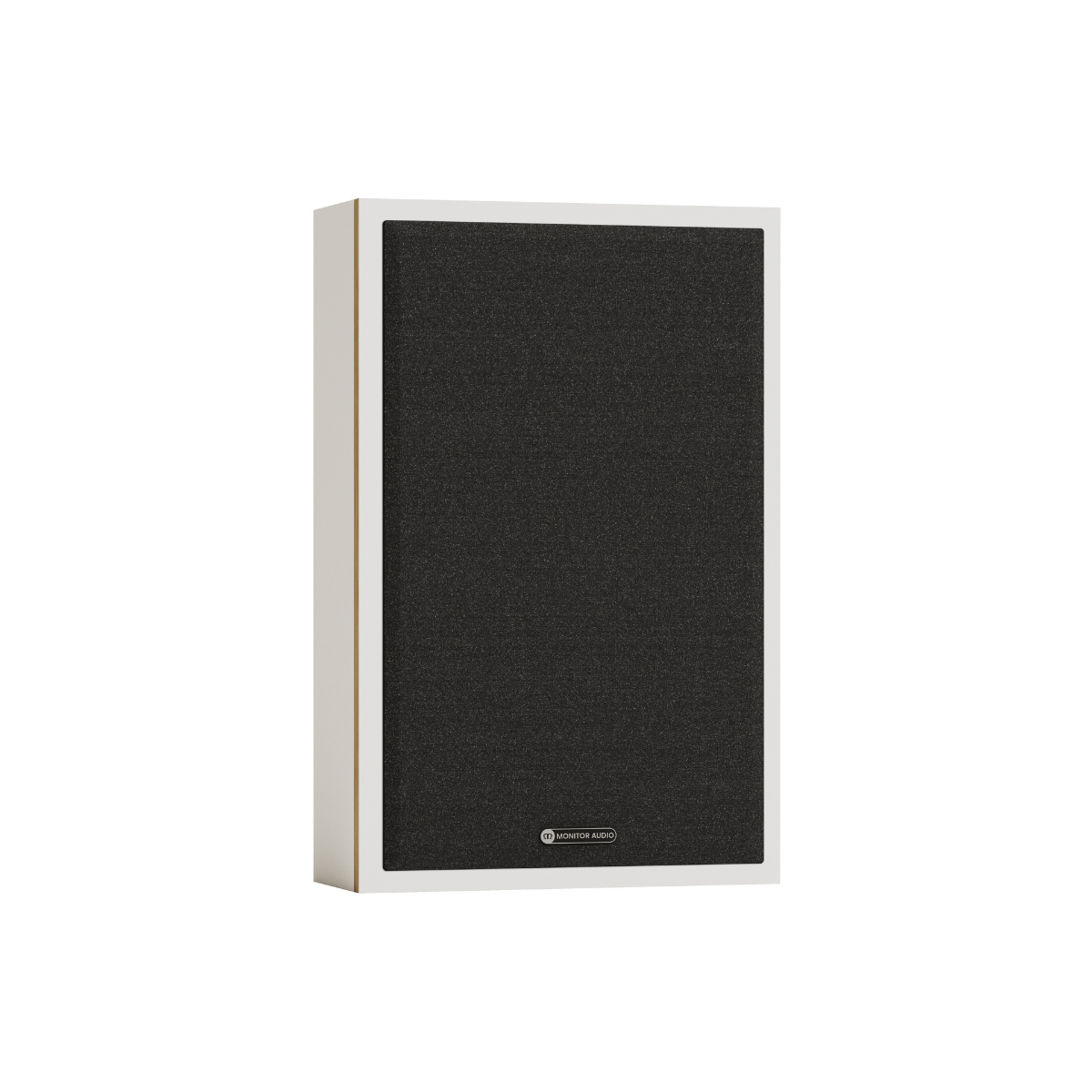 A wall-mounted bookshelf speaker by Monitor Audio, featuring a large black fabric-covered front panel and a slim white side frame, shown against a plain white background.