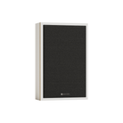 A wall-mounted bookshelf speaker by Monitor Audio, featuring a large black fabric-covered front panel and a slim white side frame, shown against a plain white background.
