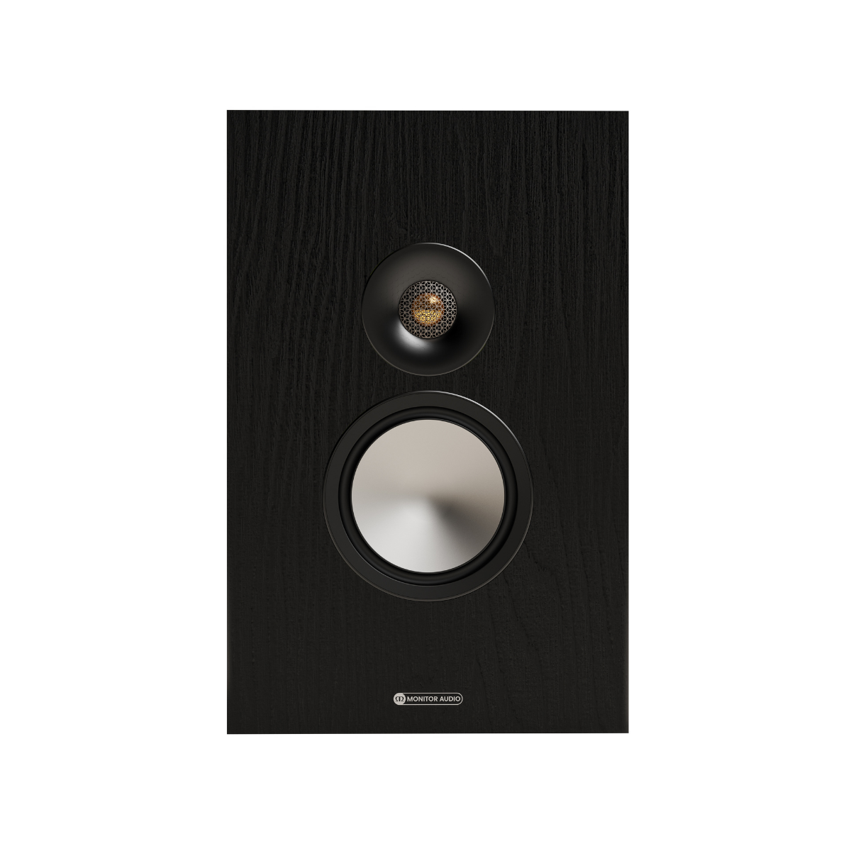 Black Monitor Audio Bronze On-Wall 7G Slim, Two-way On-Wall Speaker with silver driver on a white background