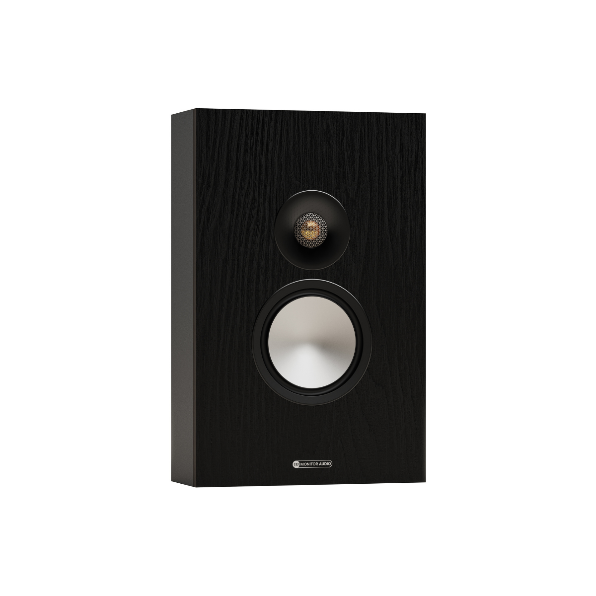 Black sMonitor Audio Bronze On-Wall 7G Slim, Two-way On-Wall Speaker with a visible brand logo on a white background