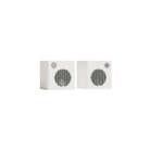 A pair of white square bookshelf speakers with circular front speaker grilles and small silver tweeters, shown against a solid white background.