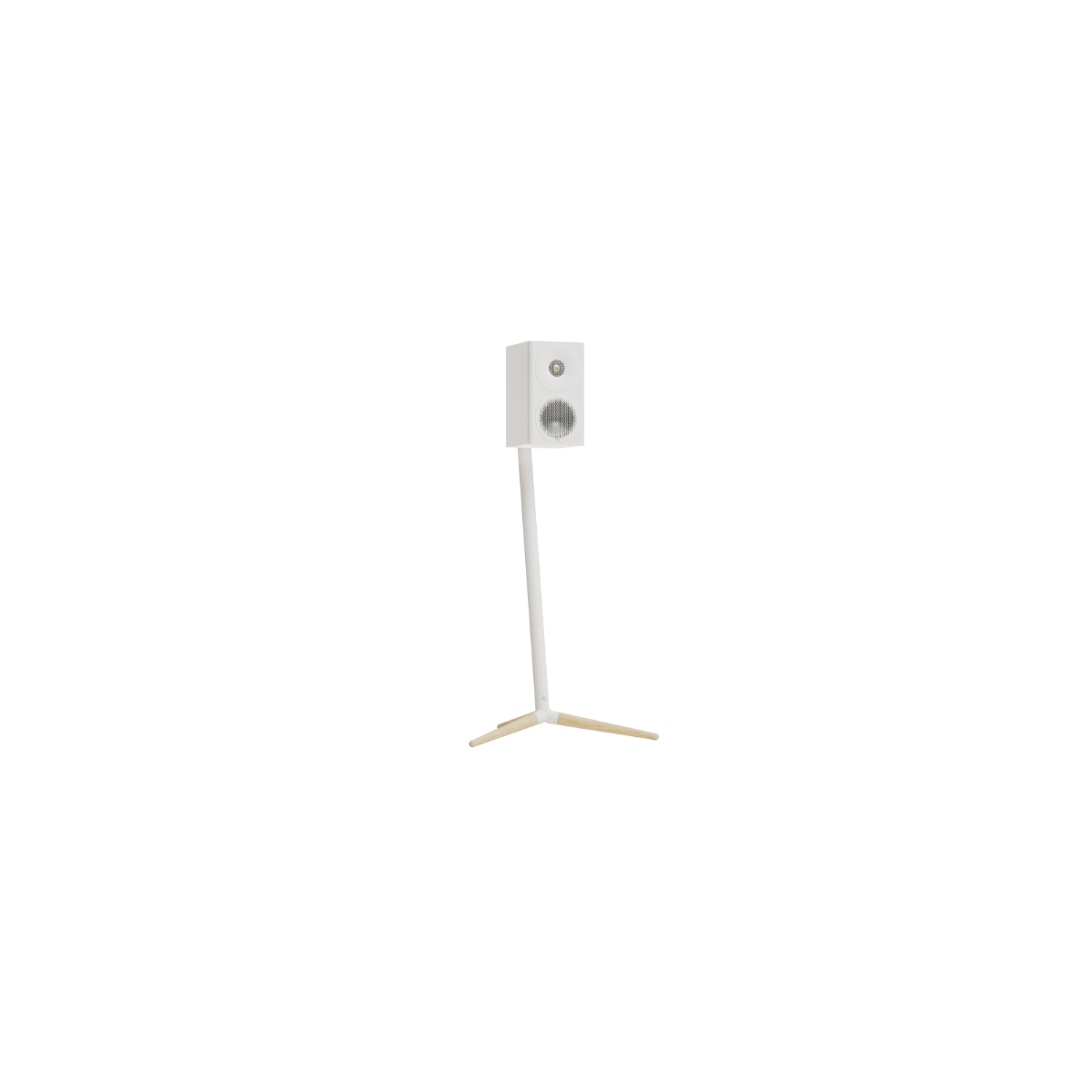 A white Monitor Audio Radius 3 4G 2-way Bookshelf Speaker on a slim white stand with light wood tripod legs, shown against a plain white background.