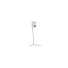 A white Monitor Audio Radius 3 4G 2-way Bookshelf Speaker on a slim white stand with light wood tripod legs, shown against a plain white background.