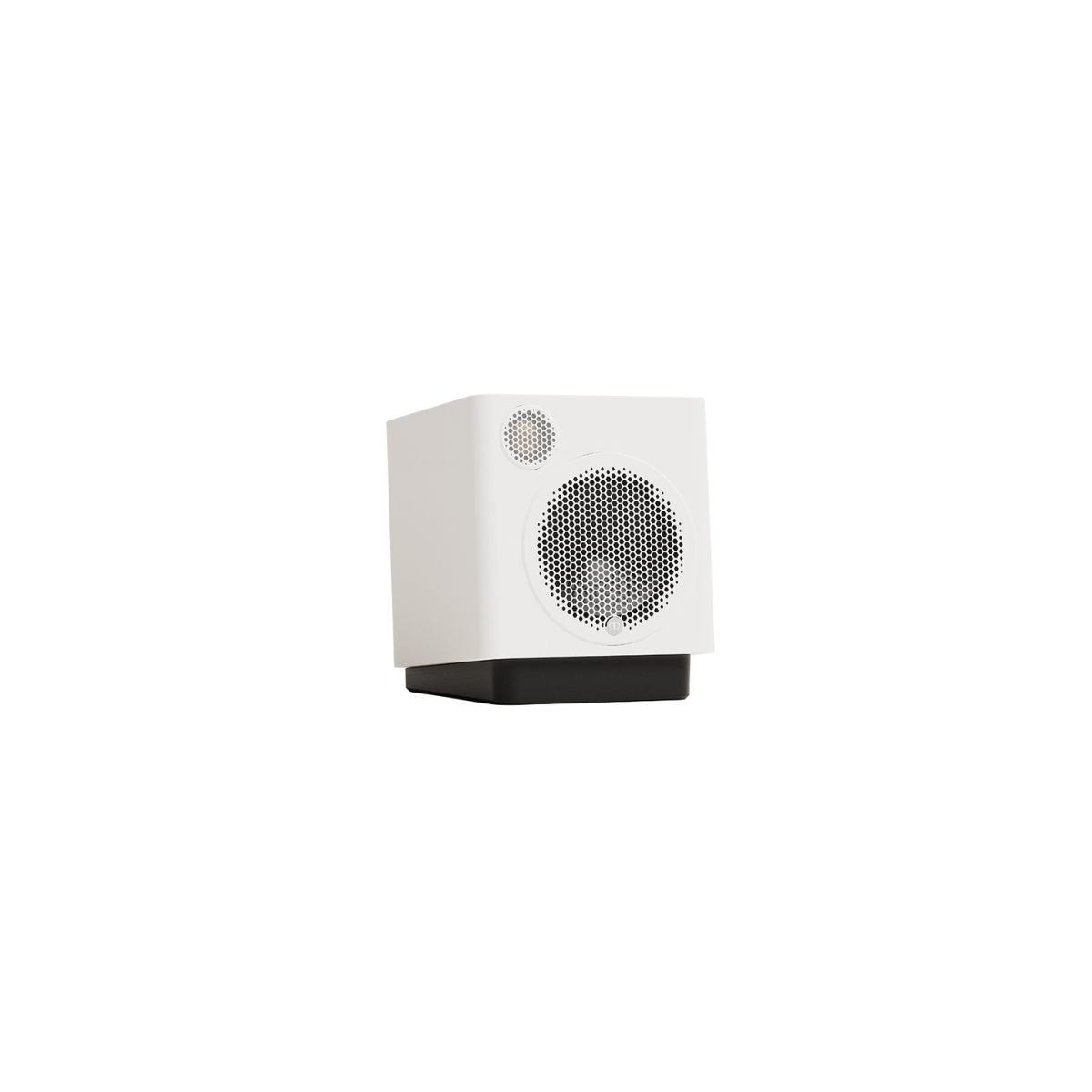 A small white cube-shaped speaker with a black base and a circular front grille, shown against a plain white background.