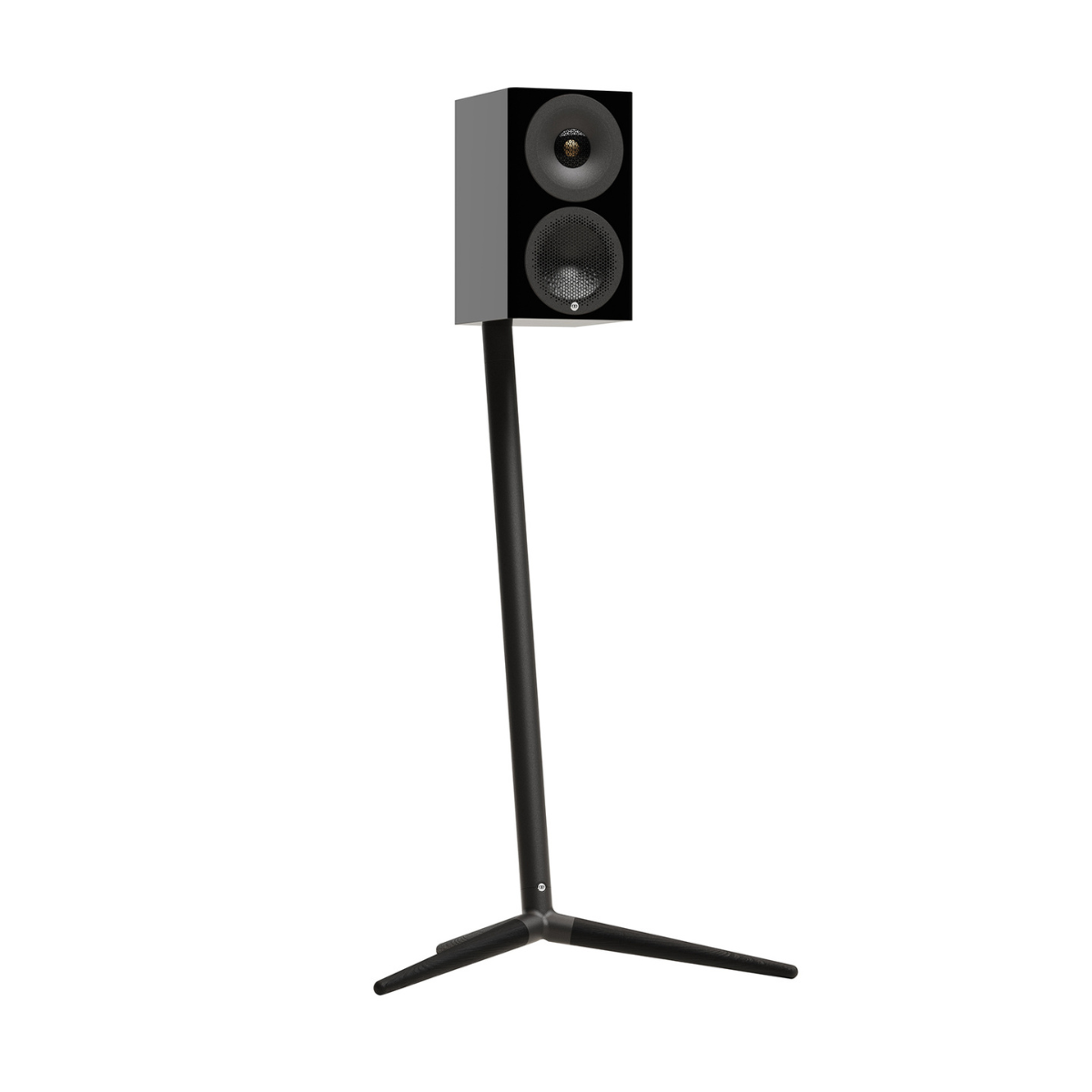 A black two-way bookshelf speaker mounted on a Monitor Audio Radius Floor Stand 4G, shown against a solid white background.