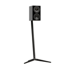 A black two-way bookshelf speaker mounted on a Monitor Audio Radius Floor Stand 4G, shown against a solid white background.