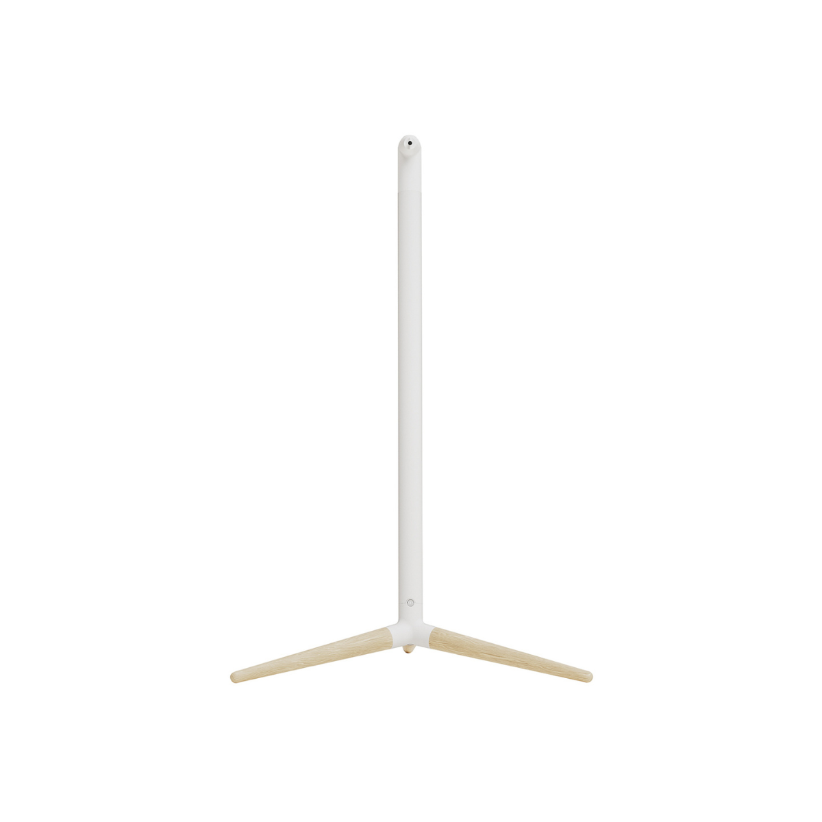 A minimalist three-legged Monitor Audio Radius Floor Stand 4G with a slim white vertical pole and light natural wood legs, shown against a solid white background.