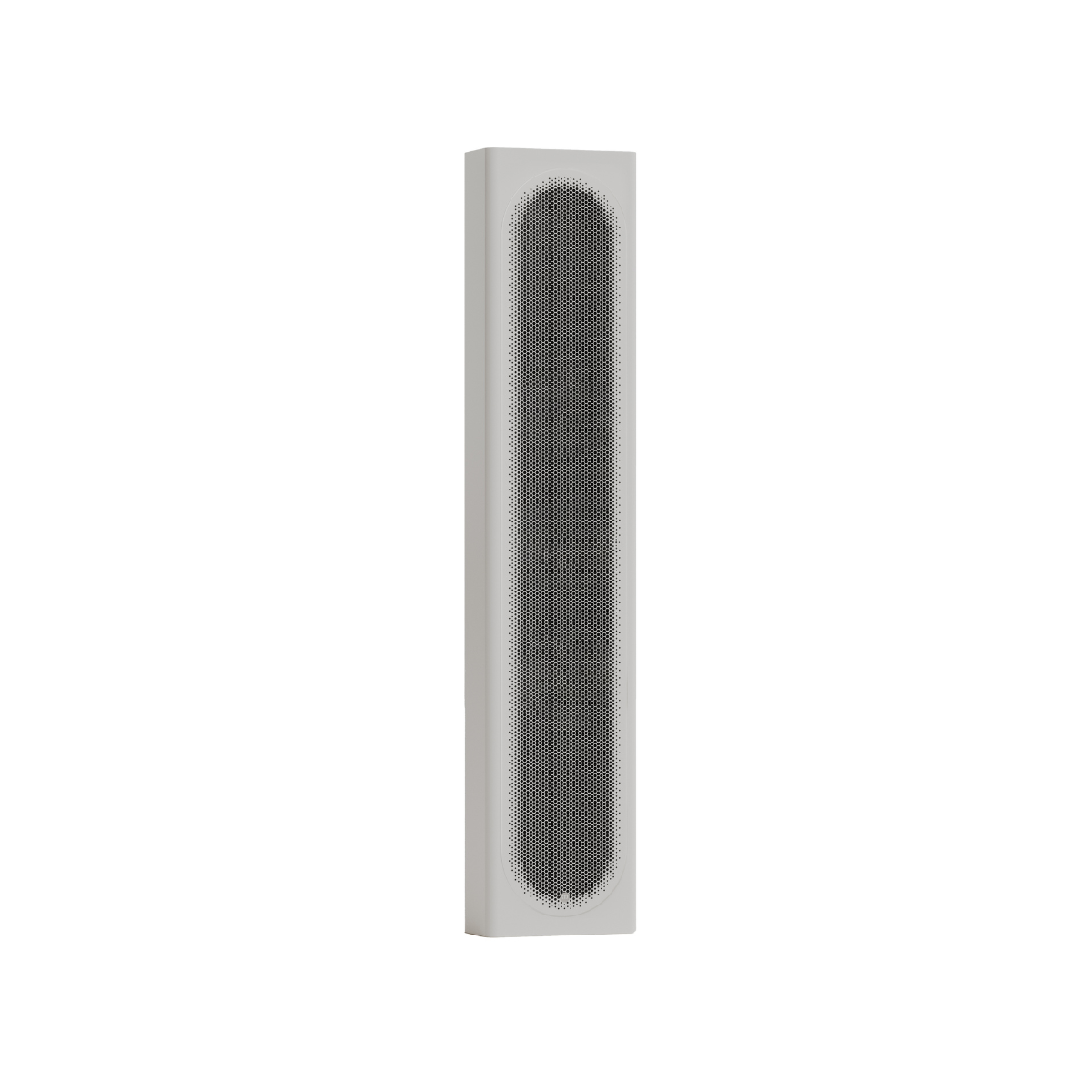 A tall, narrow rectangular Monitor Audio Radius On Wall 4G 2-way LCR Speaker  with a dark gray mesh grille and a light gray or off-white frame, shown on a plain white background.