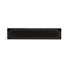 A sleek, minimalist black soundbar or home theater speaker bar with a textured front grille and a small central power button, shown against a solid white background.