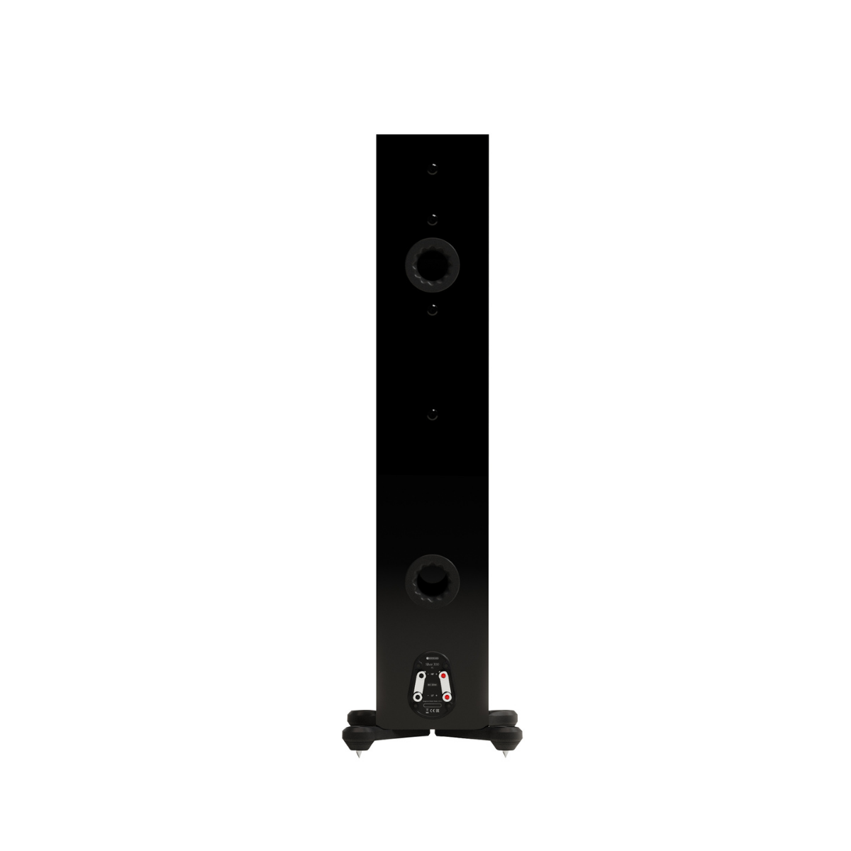 A tall, black floor-standing speaker on a white background, featuring dual circular driver openings and small feet at the base.