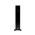 A tall, black floor-standing speaker on a white background, featuring dual circular driver openings and small feet at the base.