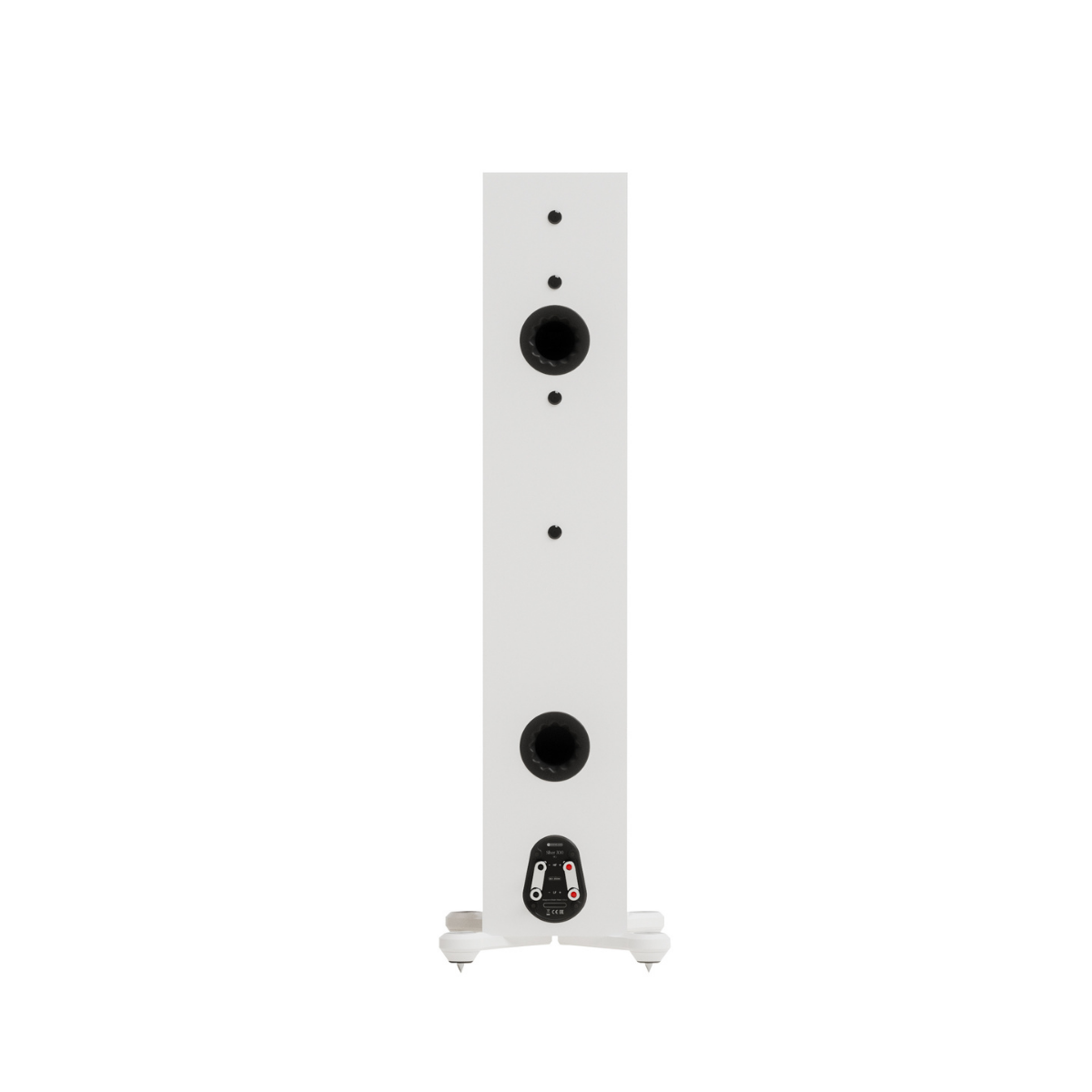 A white Monitor Audio Silver 300 8G 3-Way Floor Standing Speaker  shown from the rear, featuring dual black speaker drivers and a black input jack on a white background.