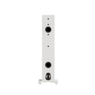 A white Monitor Audio Silver 300 8G 3-Way Floor Standing Speaker  shown from the rear, featuring dual black speaker drivers and a black input jack on a white background.