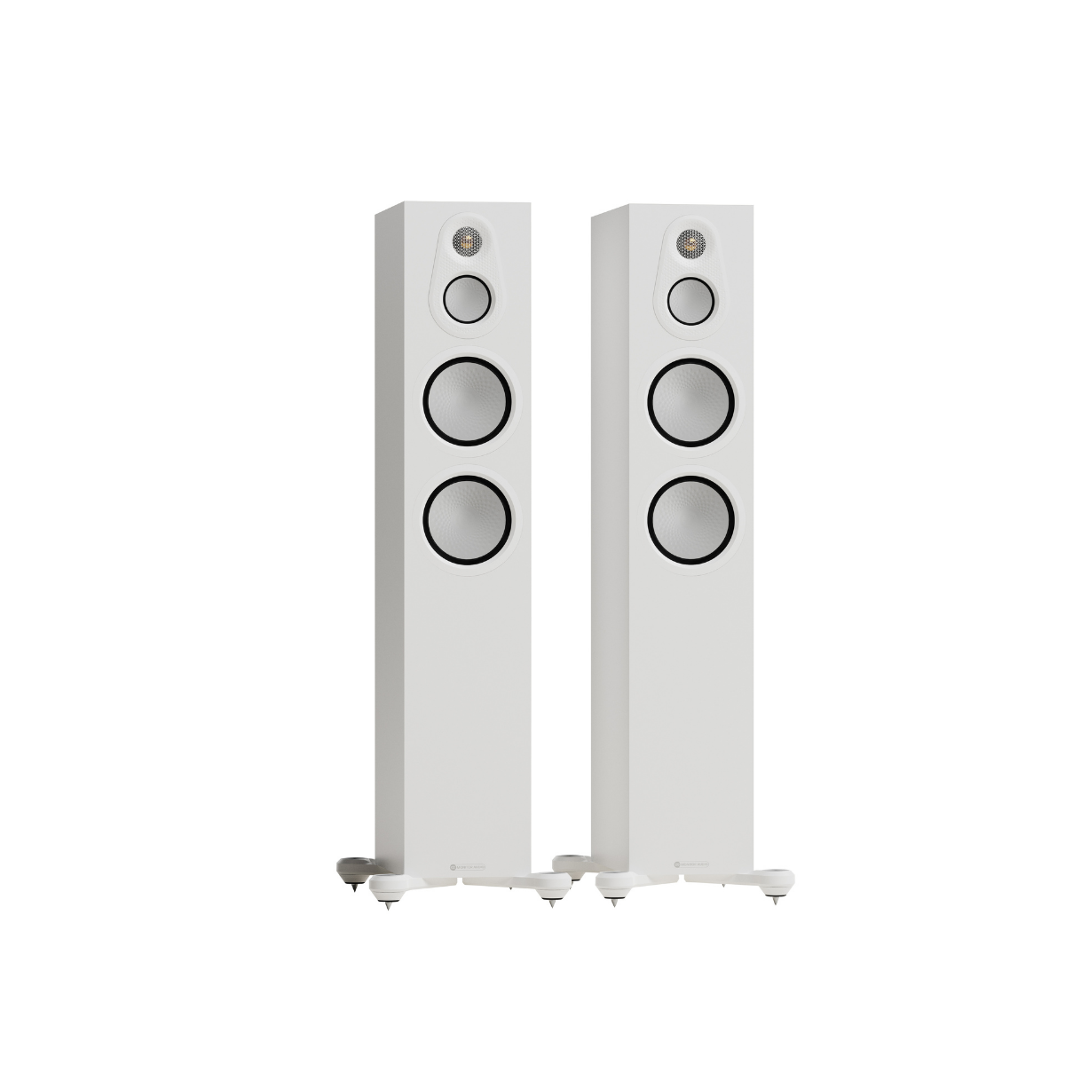 A pair of white Monitor Audio Silver 300 8G 3-Way Floor Standing Speaker with three drivers each, shown on a plain white background.
