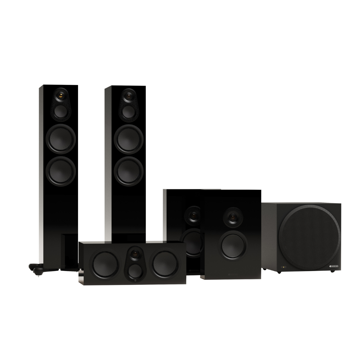 A 5.1 surround sound home theater speaker system including two tall floor-standing towers, a center channel, a front speaker, and a subwoofer, all in glossy black on a white background.