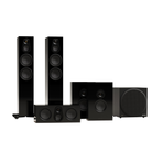 A 5.1 surround sound home theater speaker system including two tall floor-standing towers, a center channel, a front speaker, and a subwoofer, all in glossy black on a white background.