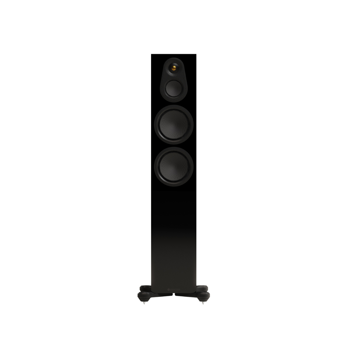 A tall, black floorstanding speaker with three driver waves and a small gold detail at the top, shown against a solid white background.