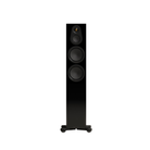 A tall, black floorstanding speaker with three driver waves and a small gold detail at the top, shown against a solid white background.