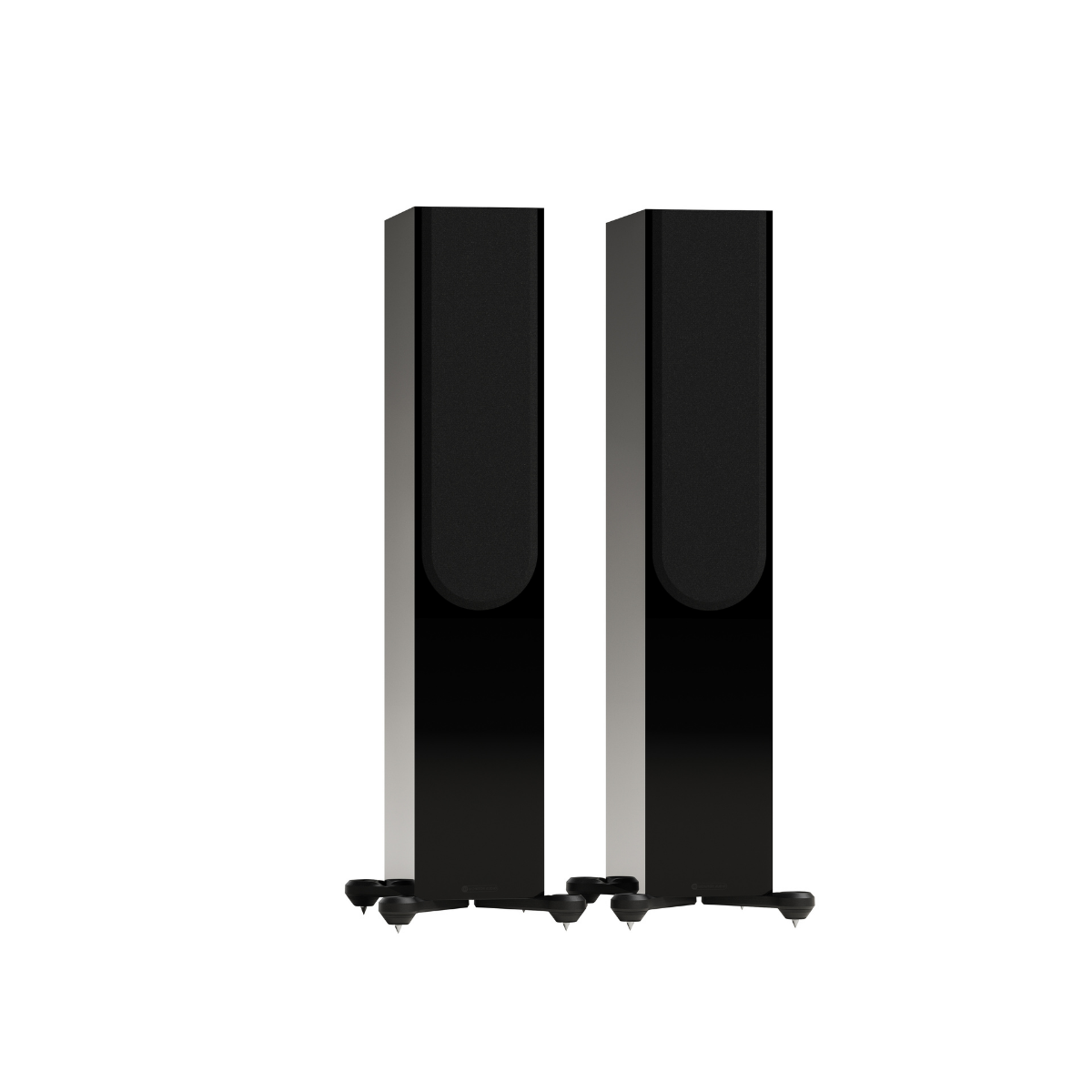 A pair of tall, slim black floorstanding speakers with a glossy finish and small feet, shown against a plain white background.