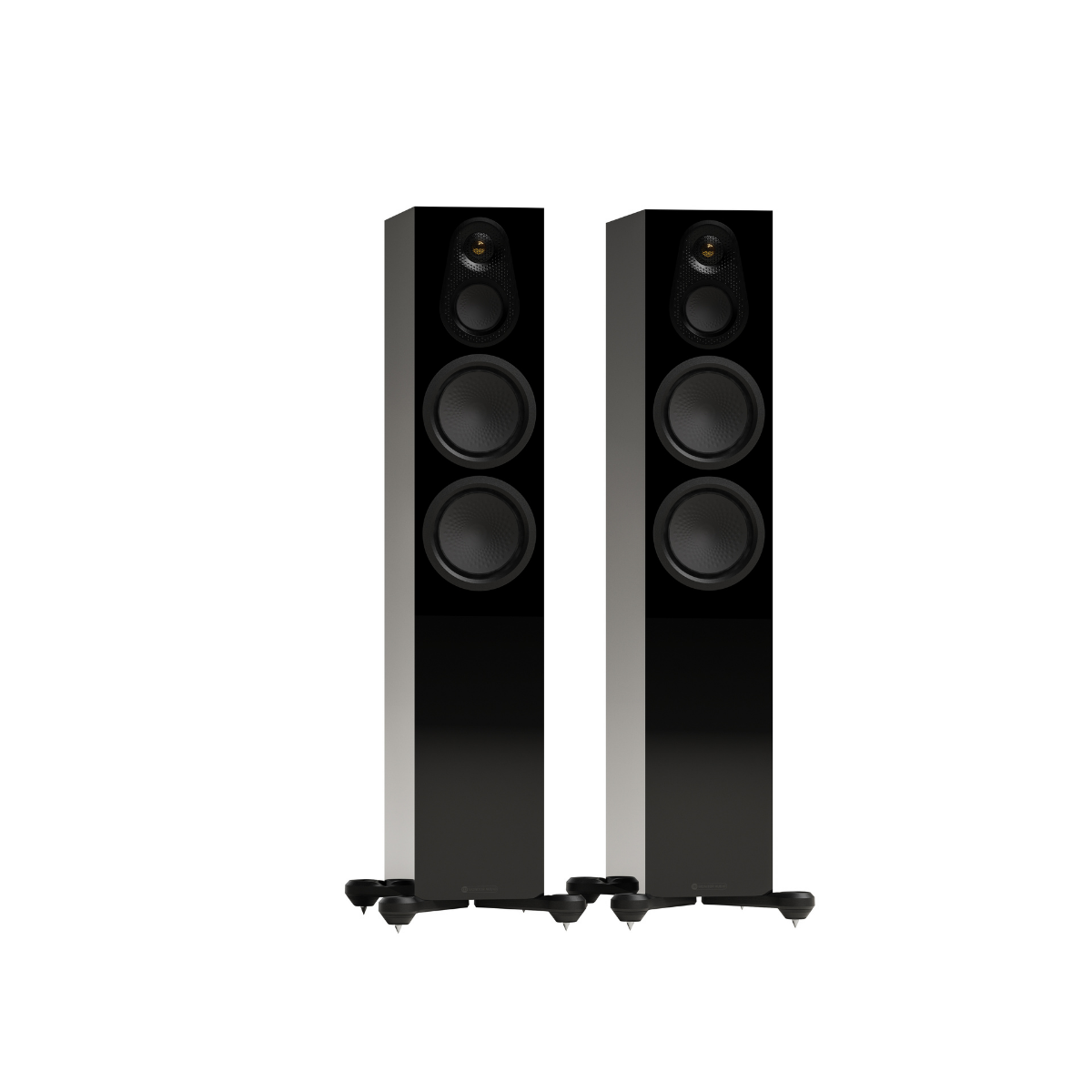 A pair of tall, black fMonitor Audio Silver 300 8G 3-Way Floor Standing Speakers with multiple drivers, shown on a plain white background.