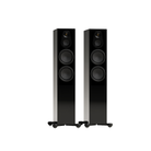 A pair of tall, black fMonitor Audio Silver 300 8G 3-Way Floor Standing Speakers with multiple drivers, shown on a plain white background.