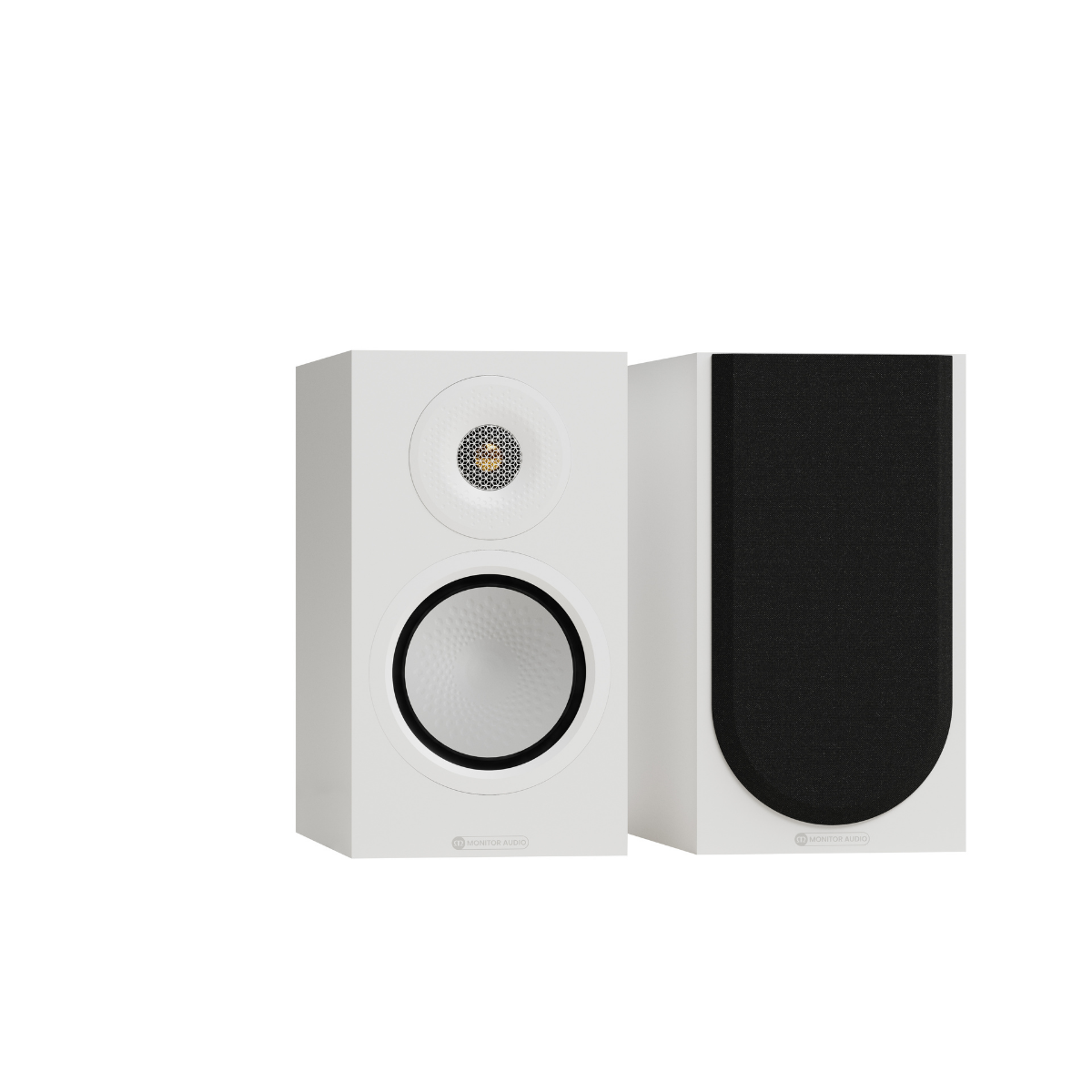 Two white bookshelf speakers shown on a plain white background, one facing forward with a black front baffle and silver driver, and the other showing the side profile.