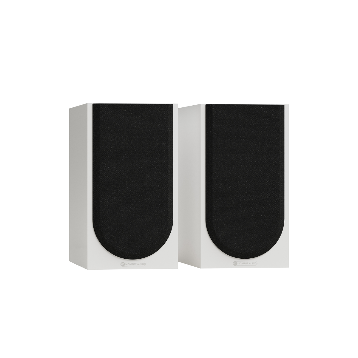 Two white bookshelf speakers with black front panels, shown side by side on a plain white background.