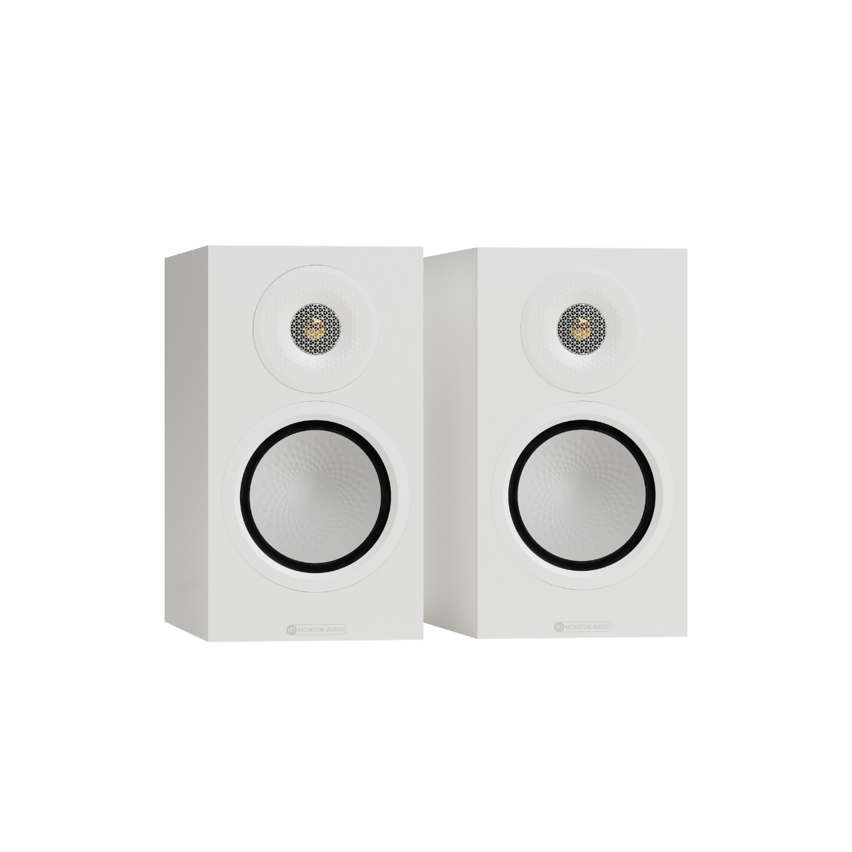 A pair of white bookshelf speakers with black-rimmed circular drivers and small gold-toned tweeters, shown against a plain white background.