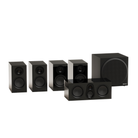 S Monitor Audio Silver 50 8G Compact home theater speaker system including four black bookshelf speakers, a black center channel speaker, and a black subwoofer, shown on a solid white background.