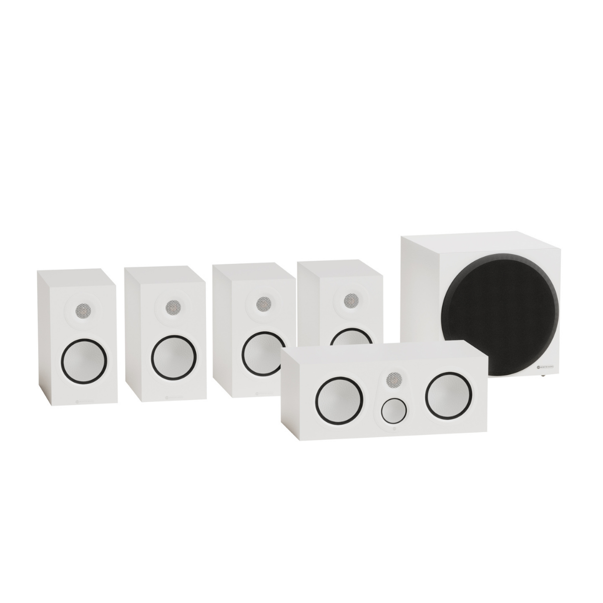 A 5-piece white speaker system including four small satellite speakers and one larger central channel speaker with a subwoofer, all shown on a clean white background.