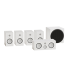 A 5-piece white speaker system including four small satellite speakers and one larger central channel speaker with a subwoofer, all shown on a clean white background.