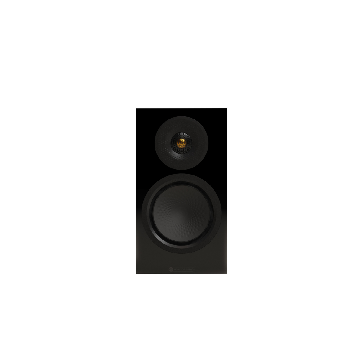 A single black Monitor Audio Silver 50 8G Compact 2-way Bookshelf Speaker  with two drivers (a small top midrange and a larger woofer) on a solid white background.