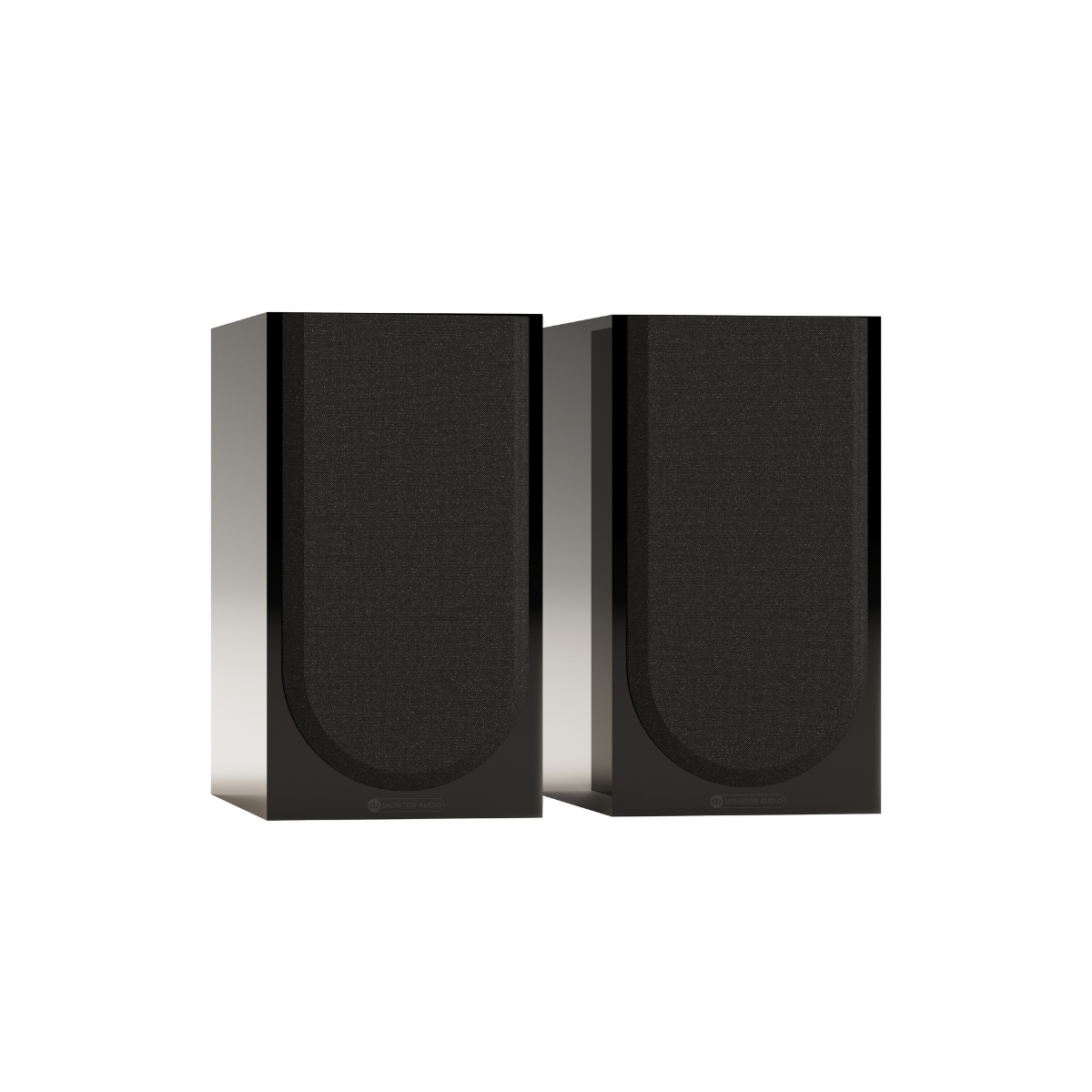 Two black Monitor Audio Silver 50 8G Compact 2-way Bookshelf Speakers with a textured fabric front and glossy side panels, shown side-by-side on a plain white background.